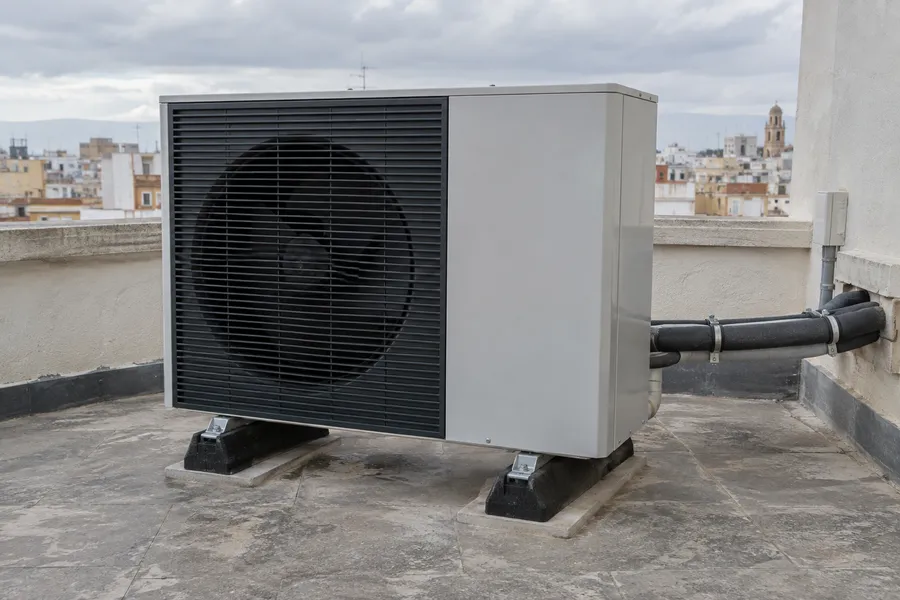 Bomba de calor aire-agua exterior instalada sobre soportes en una cubierta