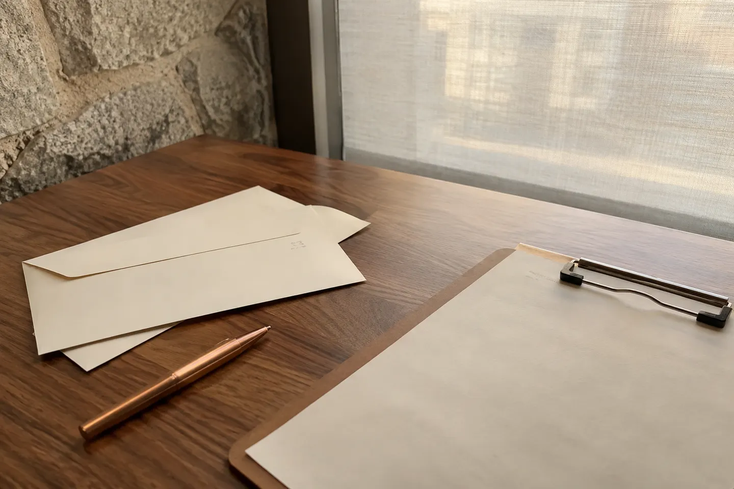 Sobres de documentación y bolígrafo sobre una mesa de trabajo