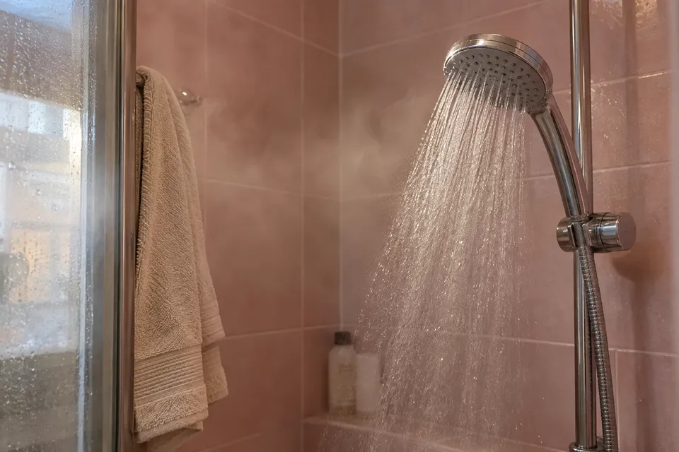 Agua saliendo de una ducha en un baño con azulejo rosado Agua saliendo de una ducha en un baño con azulejo rosado