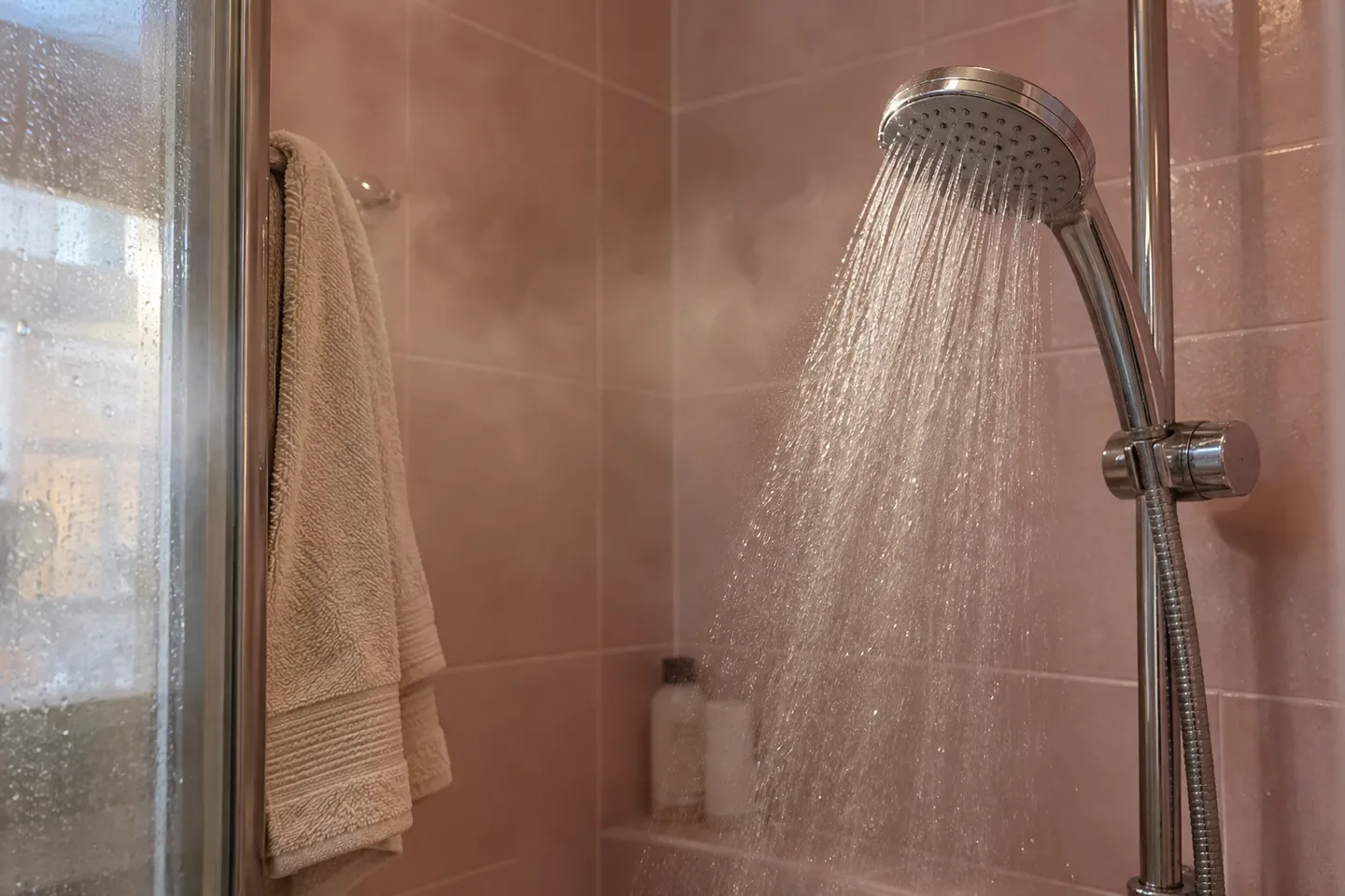Agua saliendo de una ducha en un baño con azulejo rosado Agua saliendo de una ducha en un baño con azulejo rosado