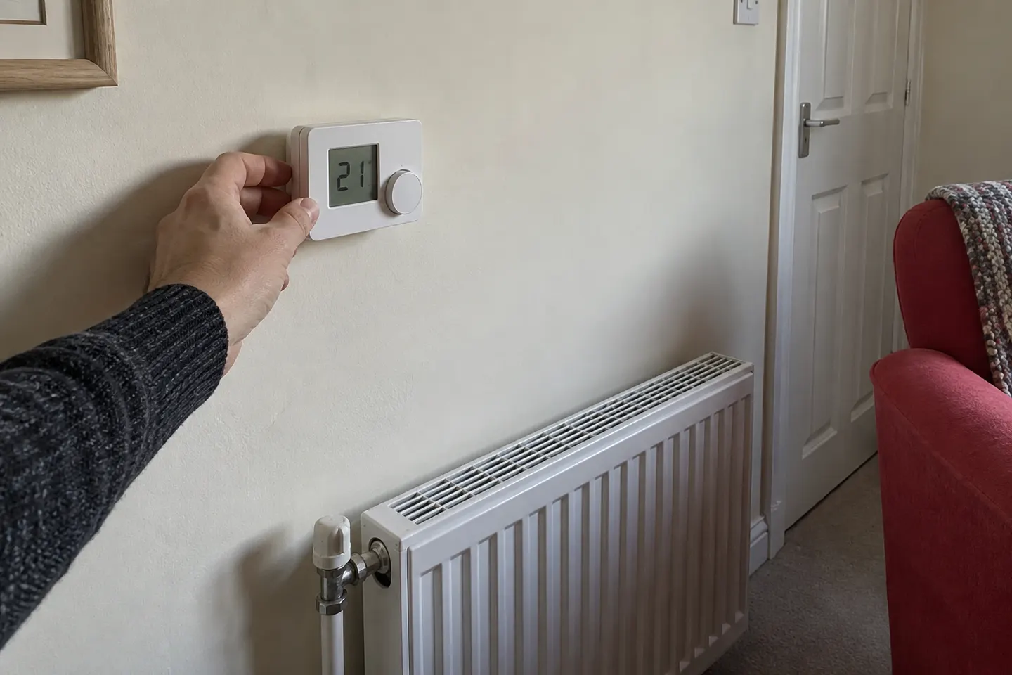 Mano ajustando un termostato de pared junto a un radiador