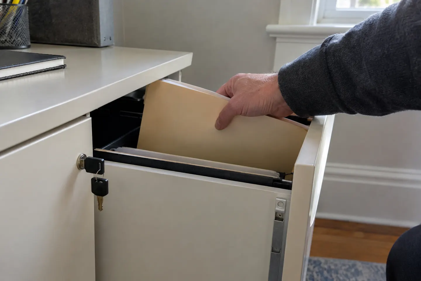 Una mano guarda una carpeta en un cajón con cerradura